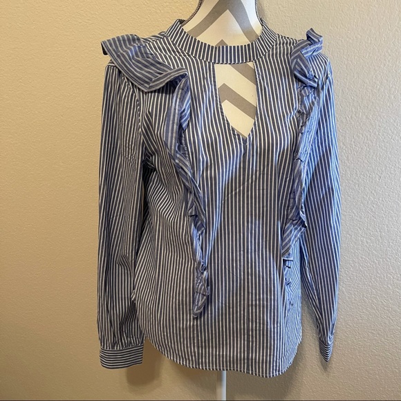 Mossimo Blue & White Striped Ruffle Keyhole Cotton Shirt Medium - Picture 4 of 13